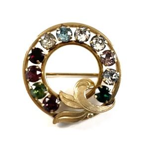 Vintage Van Dell Multi Stone Rhinestone Crystal Wreath Brooch Pin Gold Filled